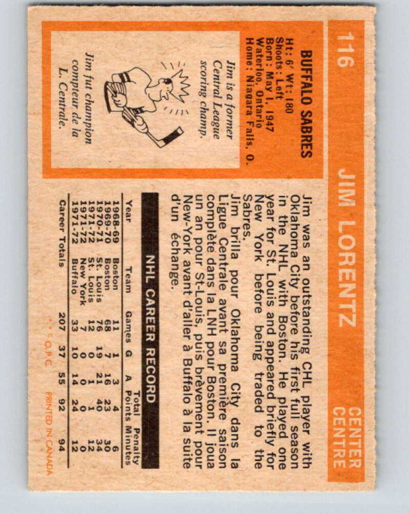 1972-73 O-Pee-Chee #116 Jim Lorentz  Buffalo Sabres  V3795