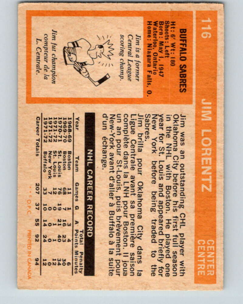 1972-73 O-Pee-Chee #116 Jim Lorentz  Buffalo Sabres  V3796
