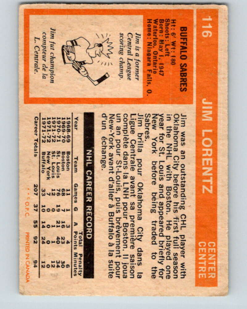 1972-73 O-Pee-Chee #116 Jim Lorentz  Buffalo Sabres  V3797