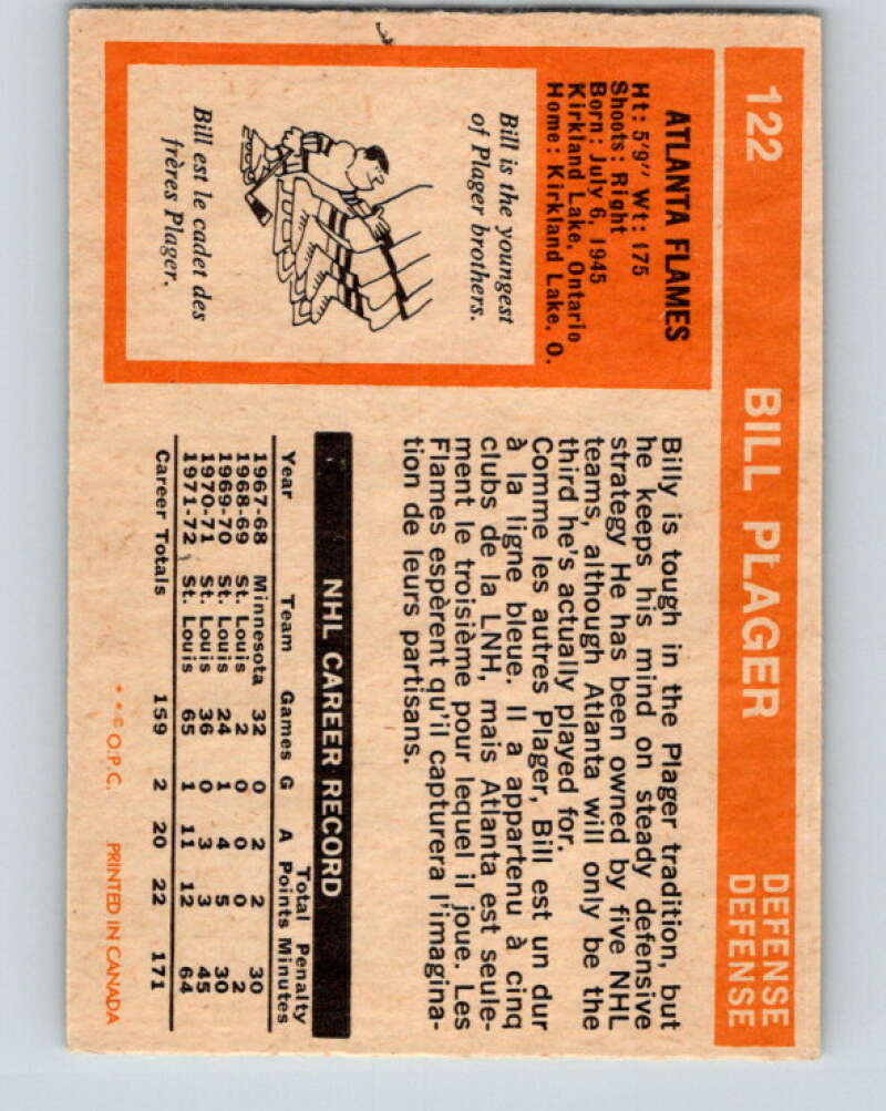 1972-73 O-Pee-Chee #122 Bill Plager  RC Rookie Atlanta Flames  V3814