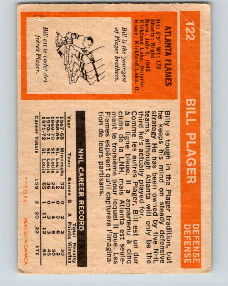 1972-73 O-Pee-Chee #122 Bill Plager  RC Rookie Atlanta Flames  V3816