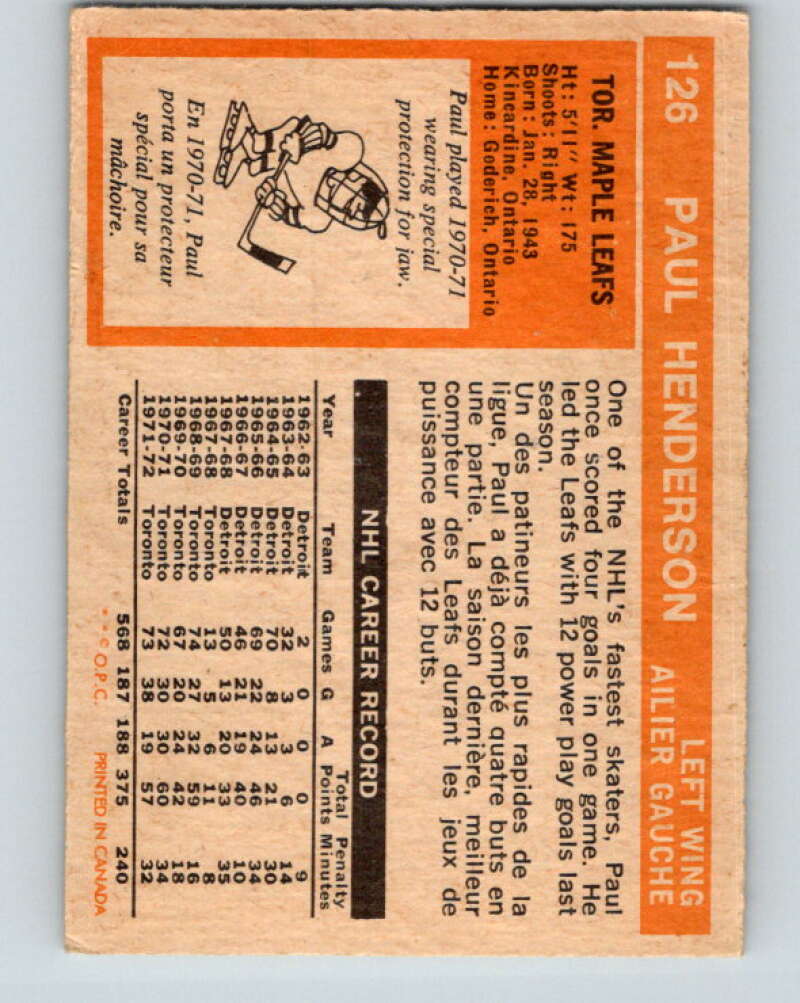 1972-73 O-Pee-Chee #126 Paul Henderson  Toronto Maple Leafs  V3842