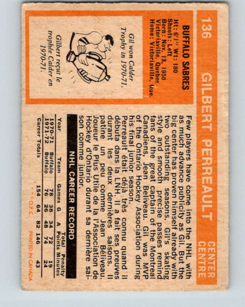1972-73 O-Pee-Chee #136 Gilbert Perreault  Buffalo Sabres  V3872