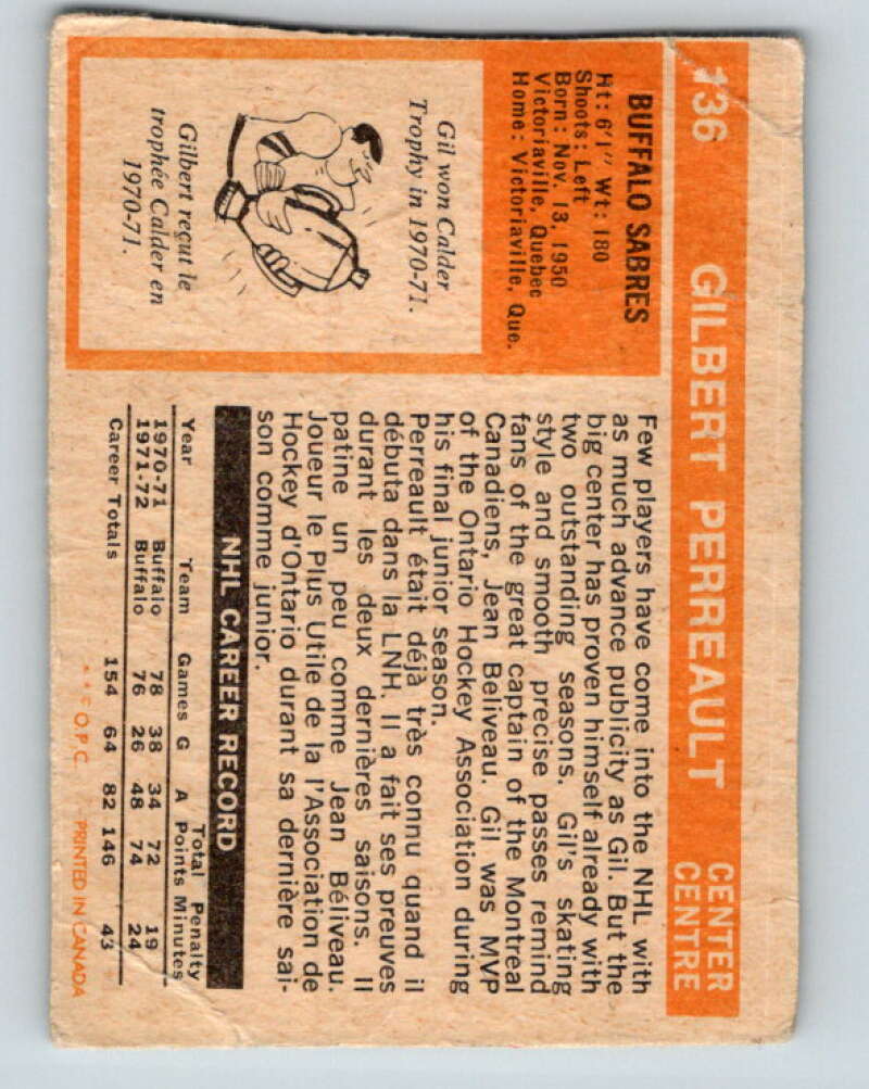 1972-73 O-Pee-Chee #136 Gilbert Perreault  Buffalo Sabres  V3874