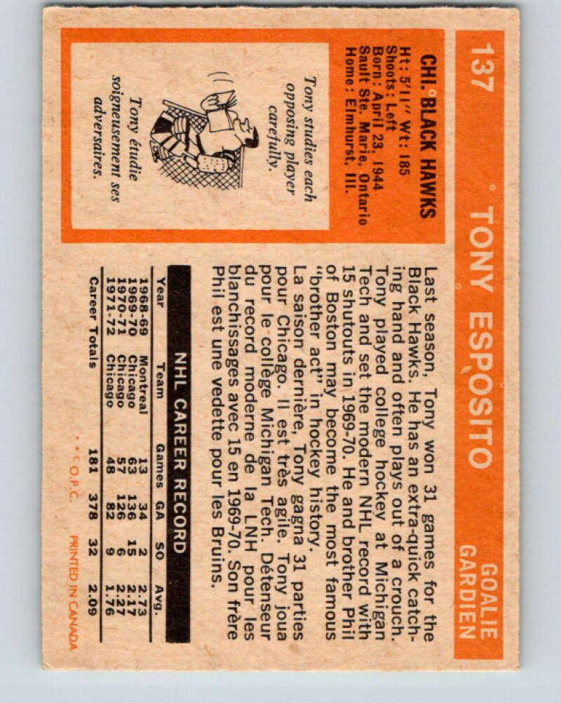 1972-73 O-Pee-Chee #137 Tony Esposito  Chicago Blackhawks  V3877