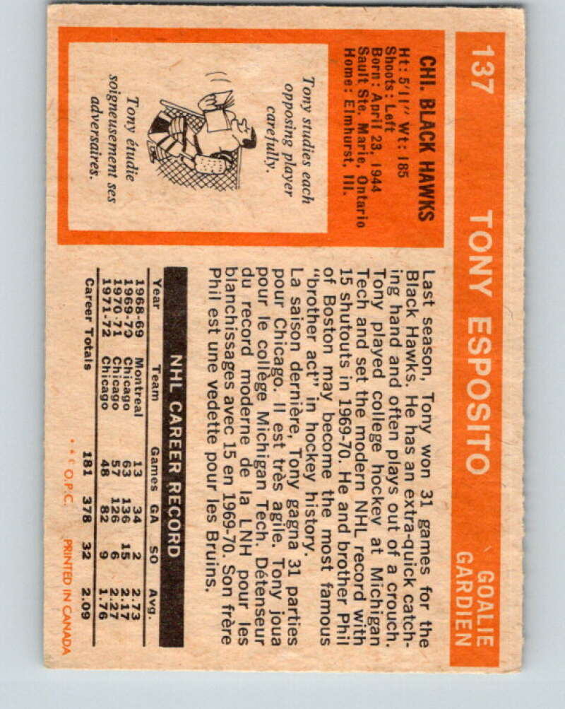 1972-73 O-Pee-Chee #137 Tony Esposito  Chicago Blackhawks  V3878