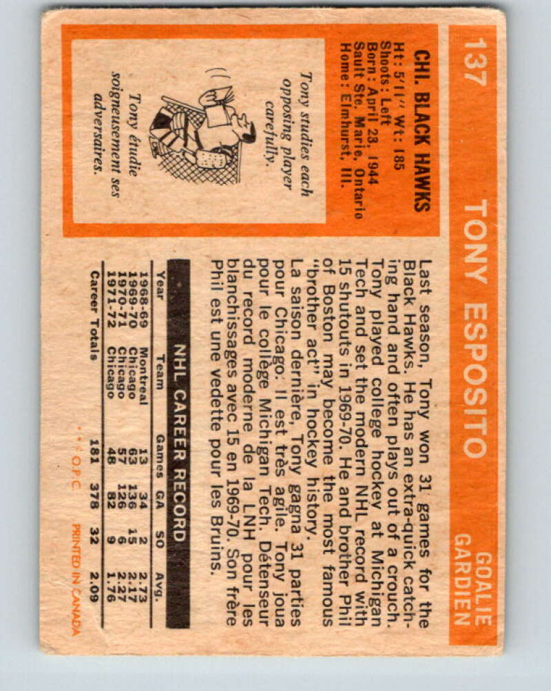 1972-73 O-Pee-Chee #137 Tony Esposito  Chicago Blackhawks  V3879