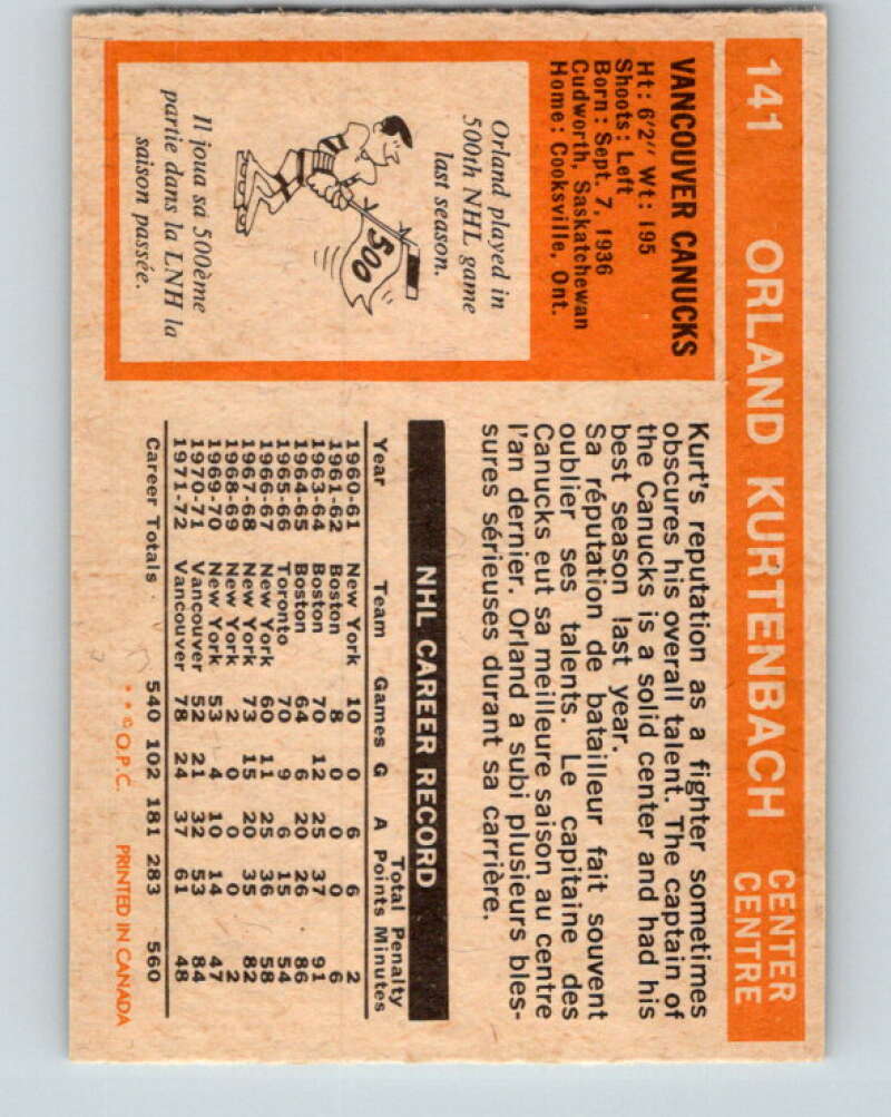 1972-73 O-Pee-Chee #141 Orland Kurtenbach  Vancouver Canucks  V3893
