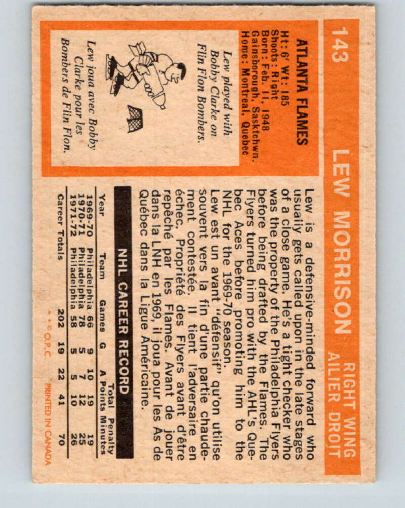 1972-73 O-Pee-Chee #143 Lew Morrison  Atlanta Flames  V3895