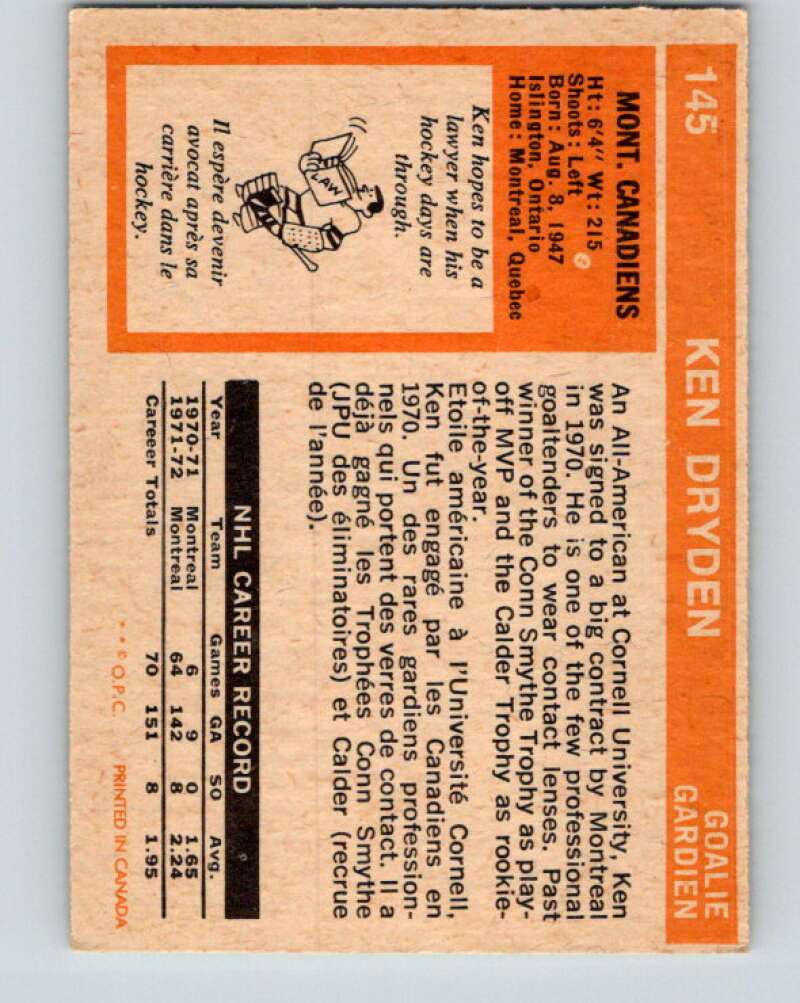 1972-73 O-Pee-Chee #145 Ken Dryden  Montreal Canadiens  V3900