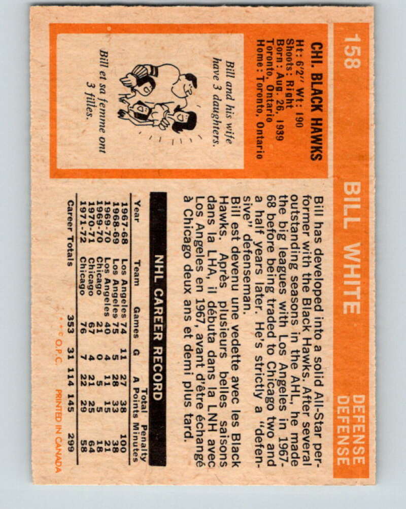 1972-73 O-Pee-Chee #158 Bill White  Chicago Blackhawks  V3943