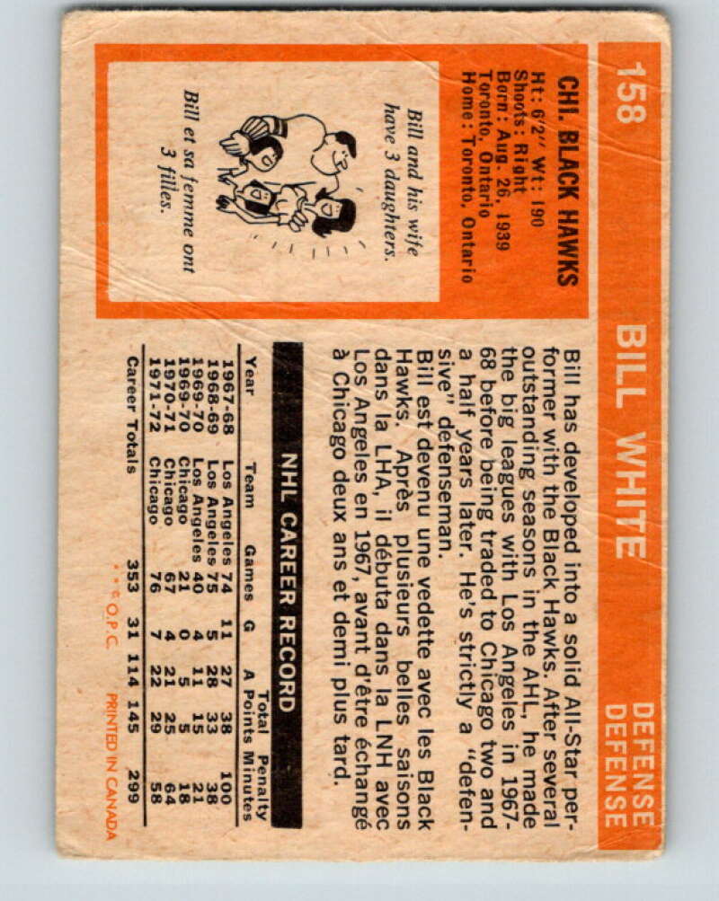 1972-73 O-Pee-Chee #158 Bill White  Chicago Blackhawks  V3946