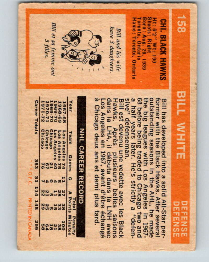 1972-73 O-Pee-Chee #158 Bill White  Chicago Blackhawks  V3947