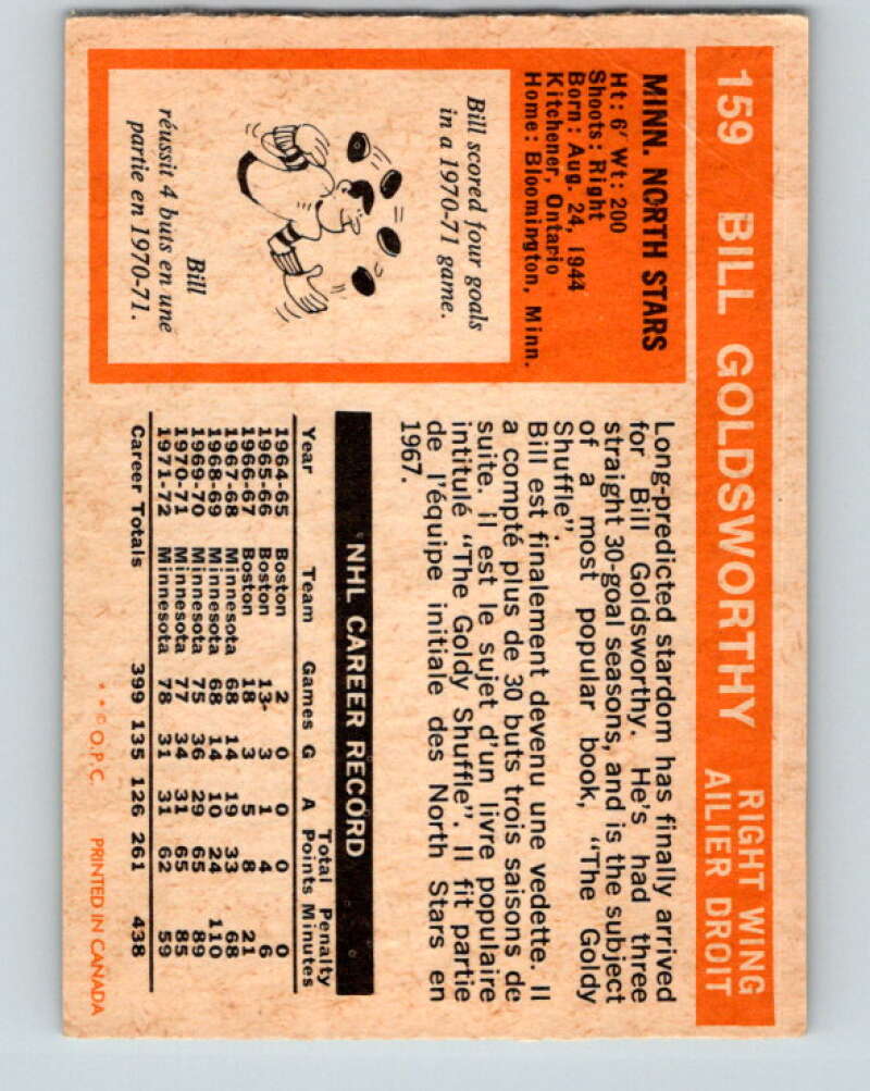 1972-73 O-Pee-Chee #159 Bill Goldsworthy  Minnesota North Stars  V3950