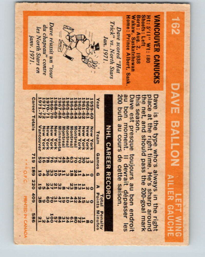 1972-73 O-Pee-Chee #162 Dave Balon UER  Vancouver Canucks  V3958