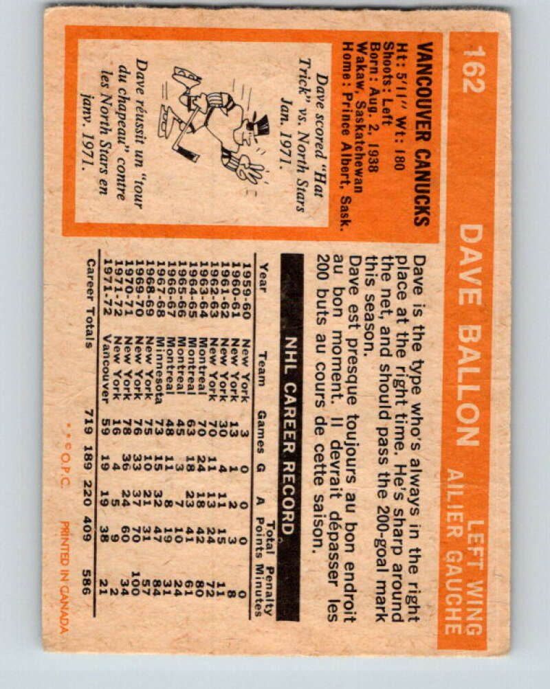 1972-73 O-Pee-Chee #162 Dave Balon UER  Vancouver Canucks  V3960