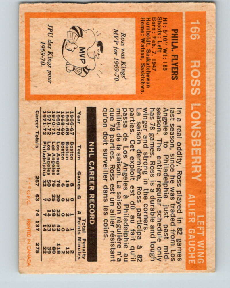 1972-73 O-Pee-Chee #166 Ross Lonsberry  Philadelphia Flyers  V3980