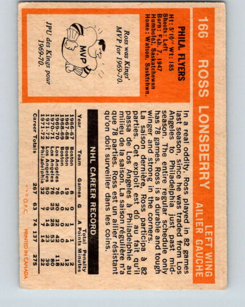 1972-73 O-Pee-Chee #166 Ross Lonsberry  Philadelphia Flyers  V3983