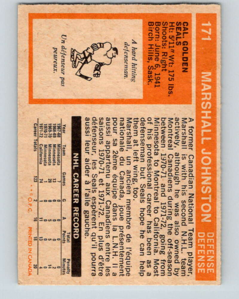 1972-73 O-Pee-Chee #171 Marshall Johnston  RC Rookie California Golden Seals  V3997