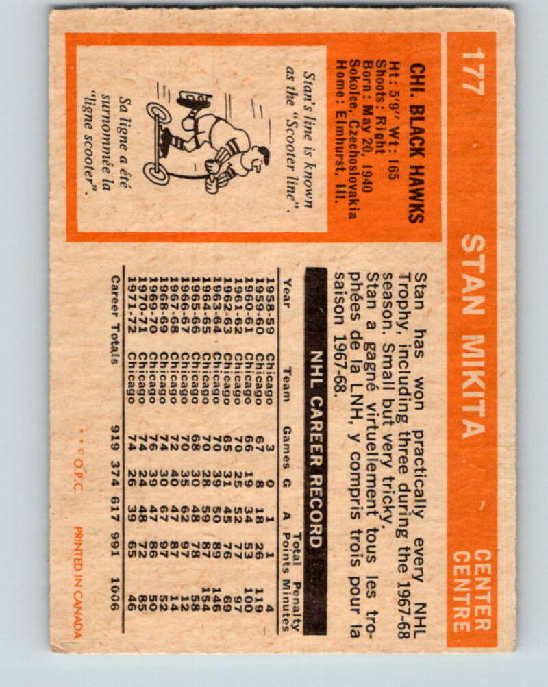 1972-73 O-Pee-Chee #177 Stan Mikita  Chicago Blackhawks  V4017