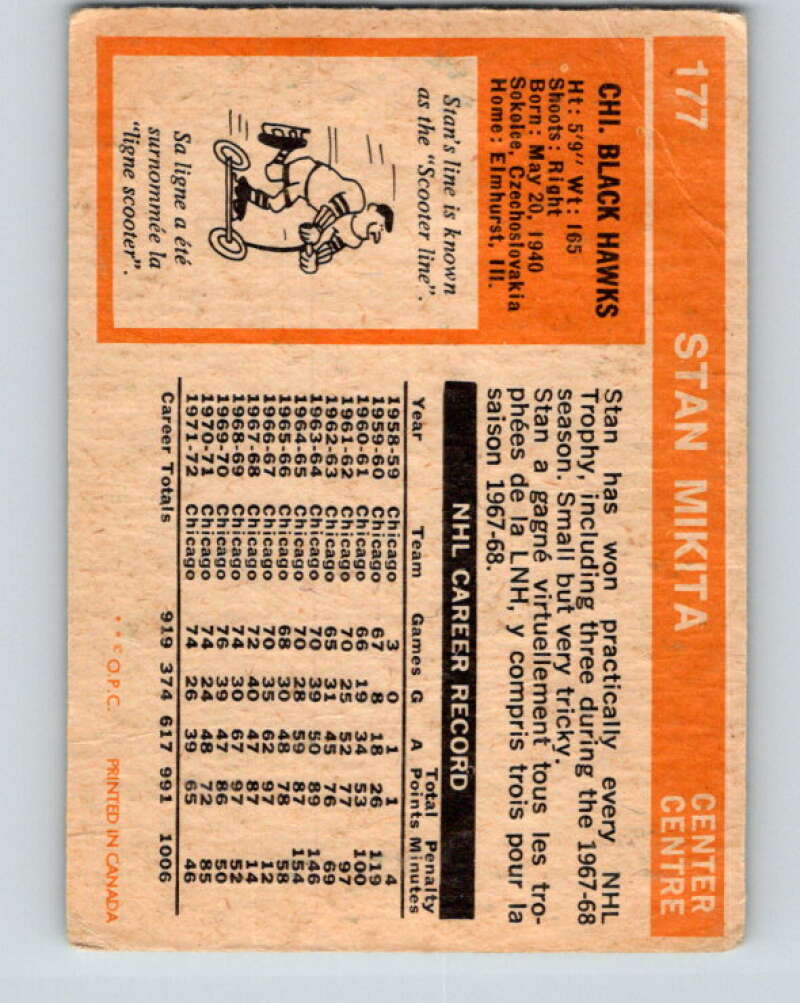 1972-73 O-Pee-Chee #177 Stan Mikita  Chicago Blackhawks  V4020