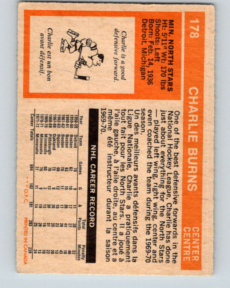 1972-73 O-Pee-Chee #178 Charlie Burns  Minnesota North Stars  V4023