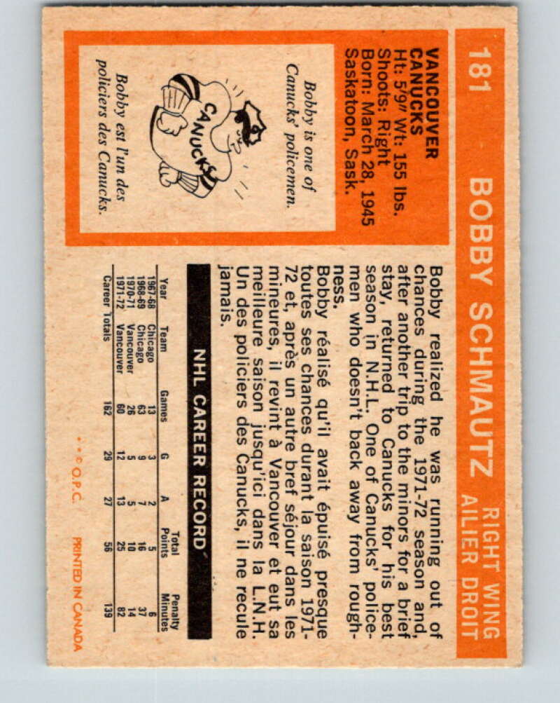 1972-73 O-Pee-Chee #181 Bobby Schmautz  RC Rookie Vancouver Canucks  V4037