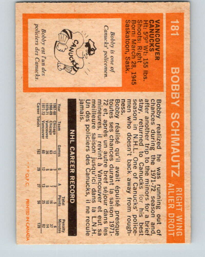 1972-73 O-Pee-Chee #181 Bobby Schmautz  RC Rookie Vancouver Canucks  V4038