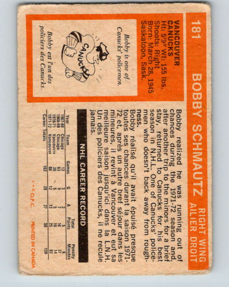 1972-73 O-Pee-Chee #181 Bobby Schmautz  RC Rookie Vancouver Canucks  V4041
