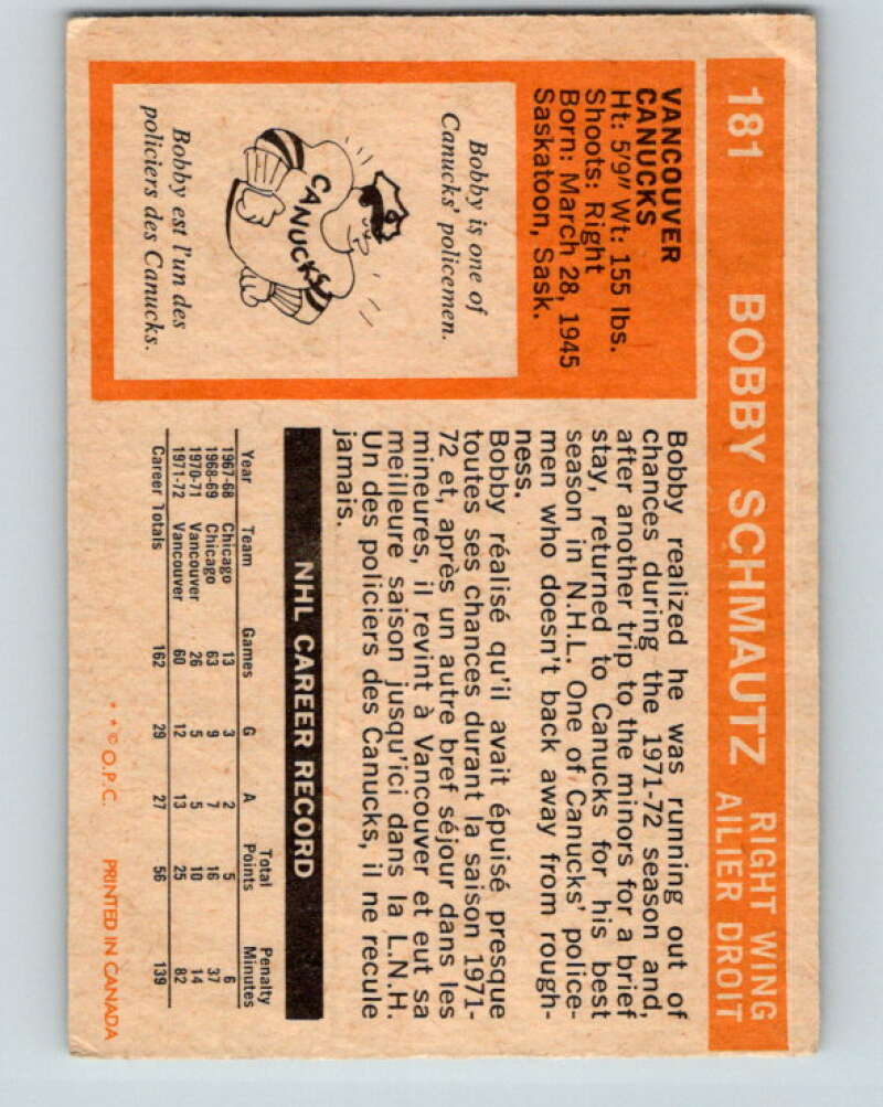1972-73 O-Pee-Chee #181 Bobby Schmautz  RC Rookie Vancouver Canucks  V4042