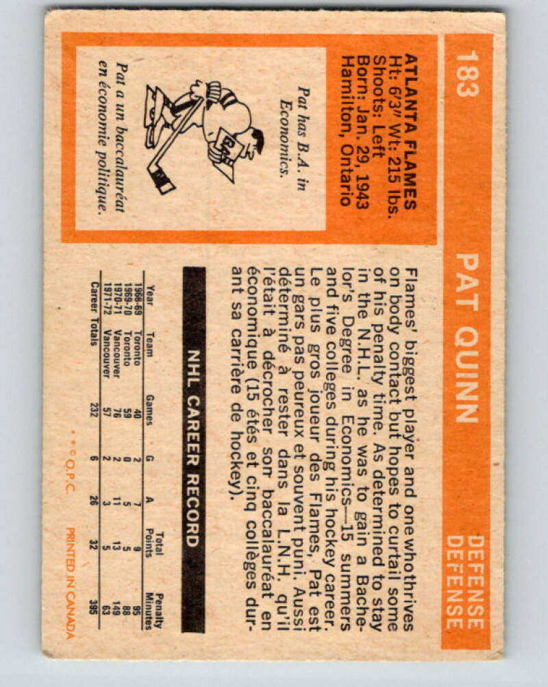 1972-73 O-Pee-Chee #183 Pat Quinn  Atlanta Flames  V4045