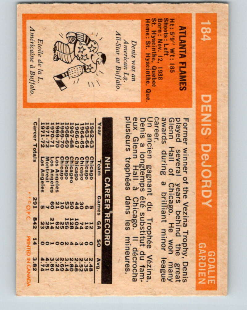 1972-73 O-Pee-Chee #184 Denis DeJordy UER  Detroit Red Wings  V4051