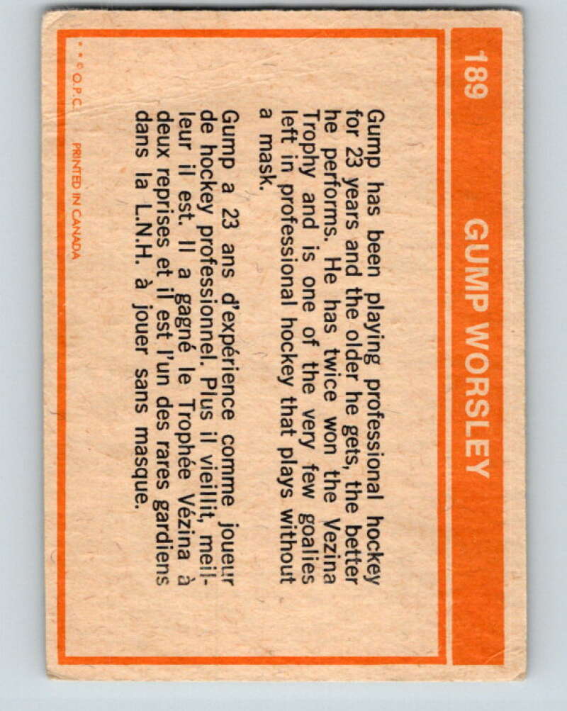 1972-73 O-Pee-Chee #189 Gump Worsley  Minnesota North Stars  V4072