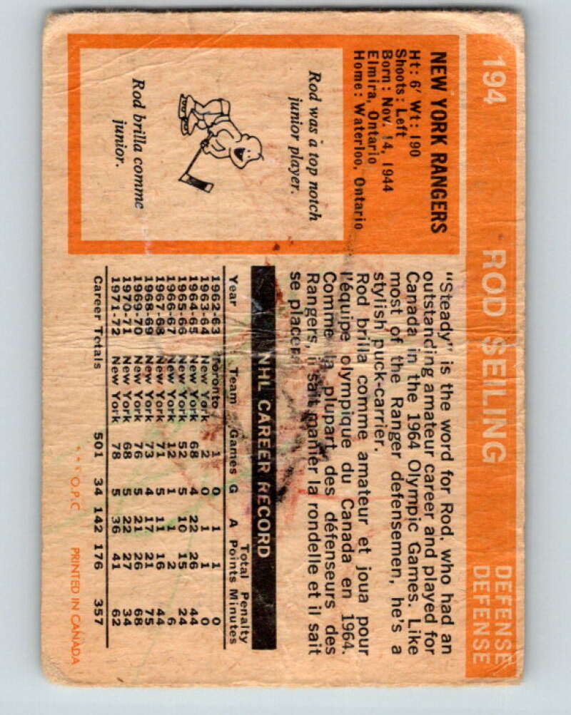 1972-73 O-Pee-Chee #194 Rod Seiling  New York Rangers  V4087