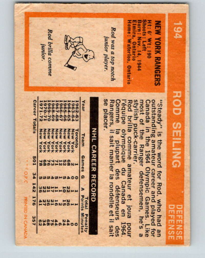 1972-73 O-Pee-Chee #194 Rod Seiling  New York Rangers  V4089