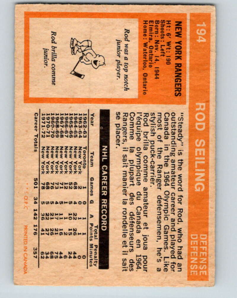 1972-73 O-Pee-Chee #194 Rod Seiling  New York Rangers  V4091
