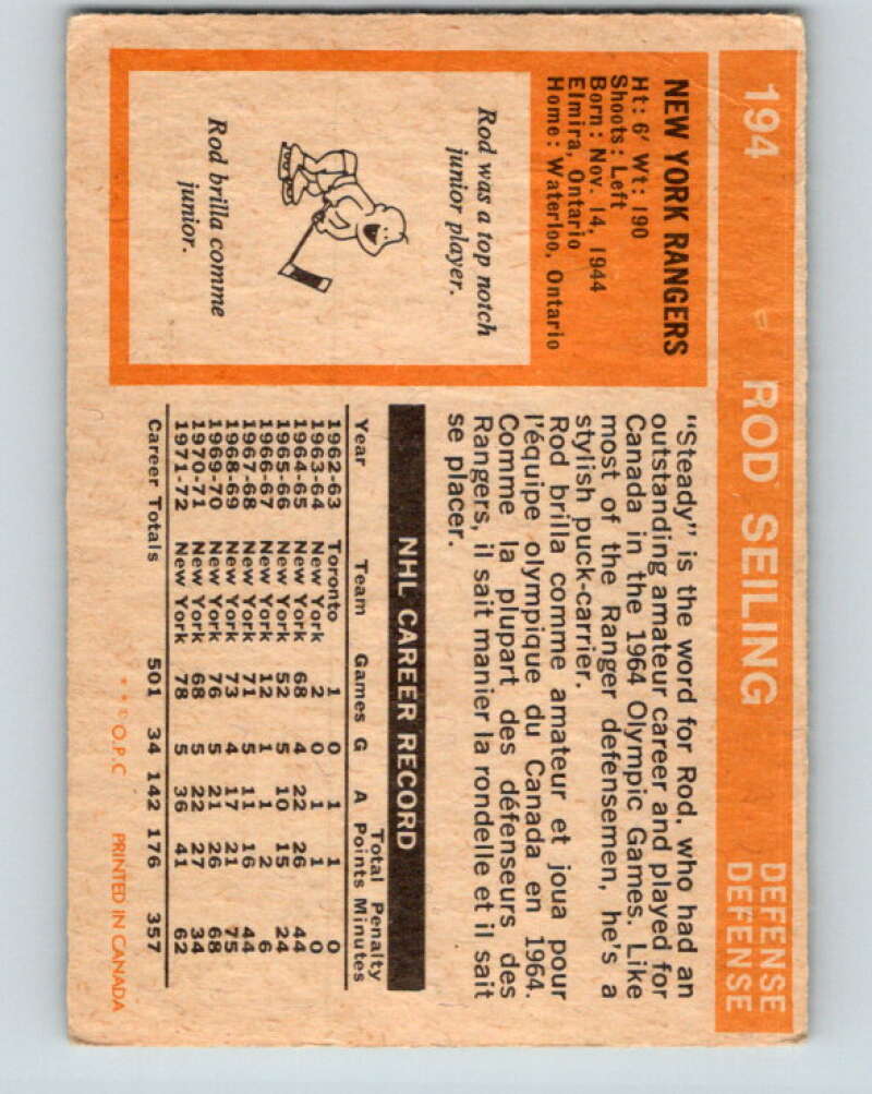 1972-73 O-Pee-Chee #194 Rod Seiling  New York Rangers  V4092