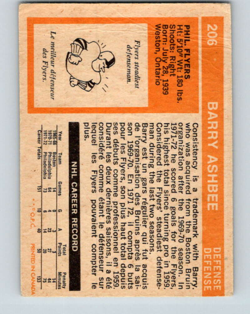 1972-73 O-Pee-Chee #206 Barry Ashbee  Philadelphia Flyers  V4136