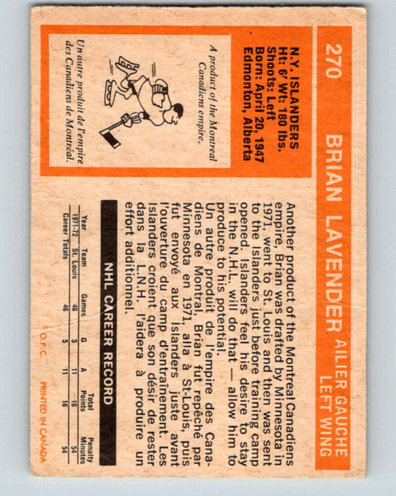 1972-73 O-Pee-Chee #270 Brian Lavender  RC Rookie New York Islanders  V4185