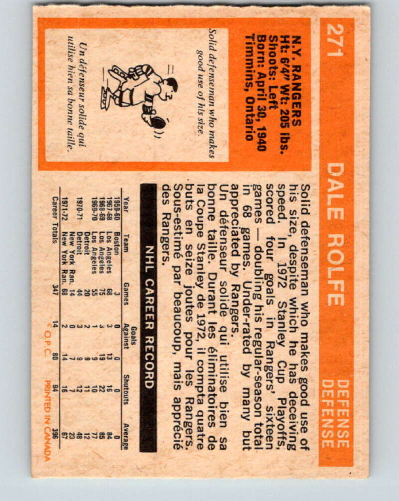 1972-73 O-Pee-Chee #271 Dale Rolfe  New York Rangers  V4186