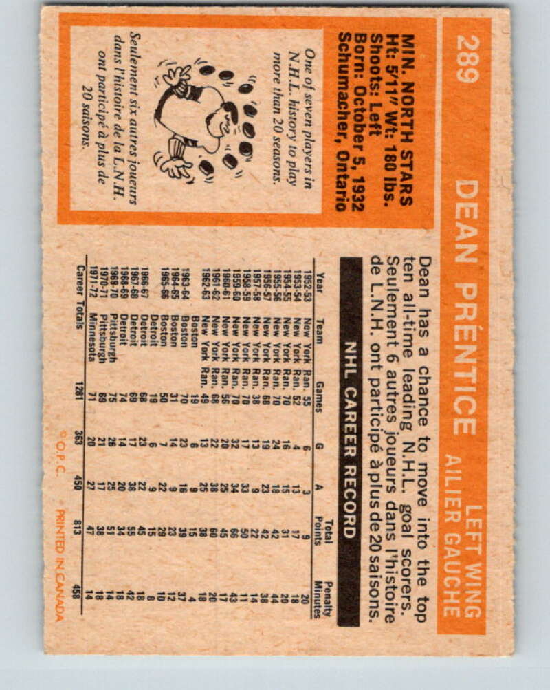 1972-73 O-Pee-Chee #289 Dean Prentice  Minnesota North Stars  V4198