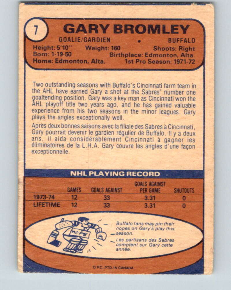 1974-75 O-Pee-Chee #7 Gary Bromley  RC Rookie Buffalo Sabres  V4228