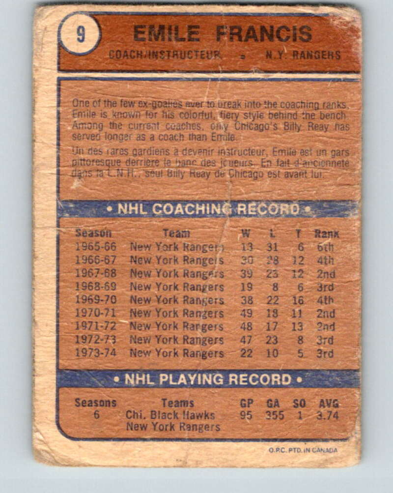 1974-75 O-Pee-Chee #9 Emile Francis CO  New York Rangers  V4231