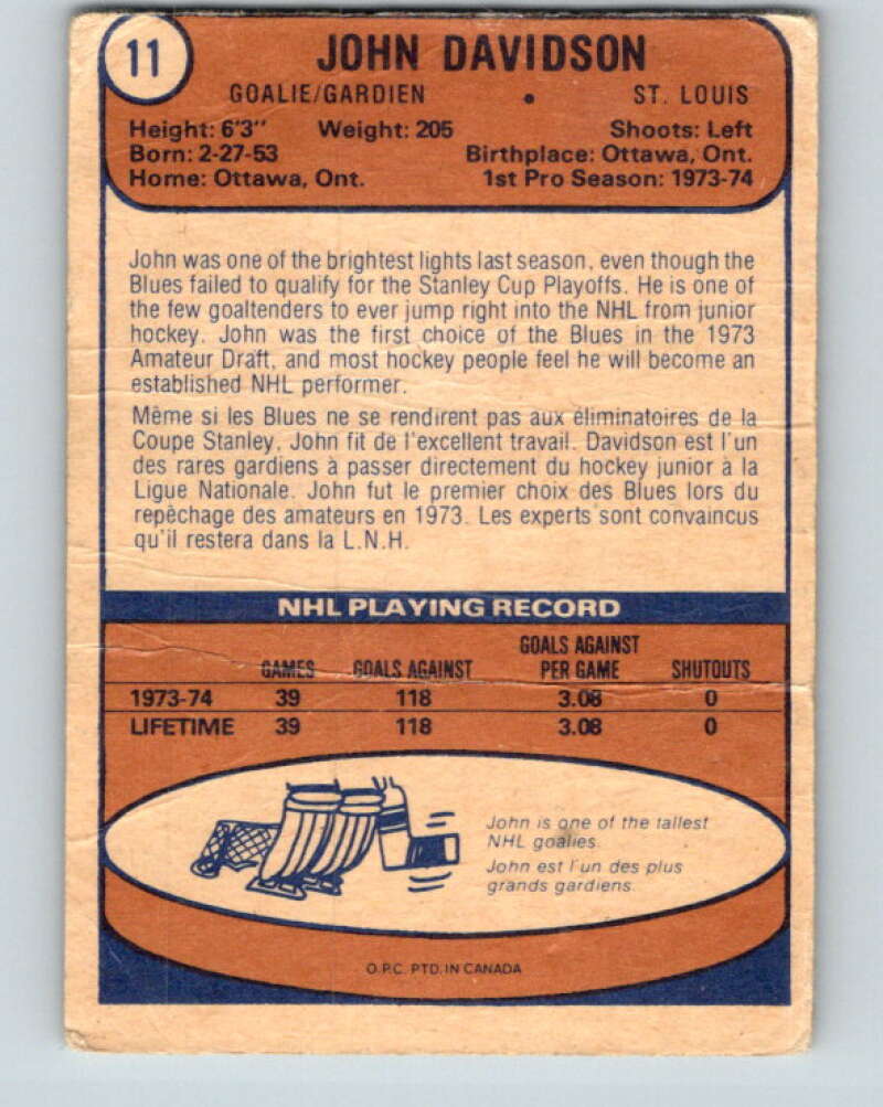 1974-75 O-Pee-Chee #11 John Davidson  RC Rookie St. Louis Blues  V4240