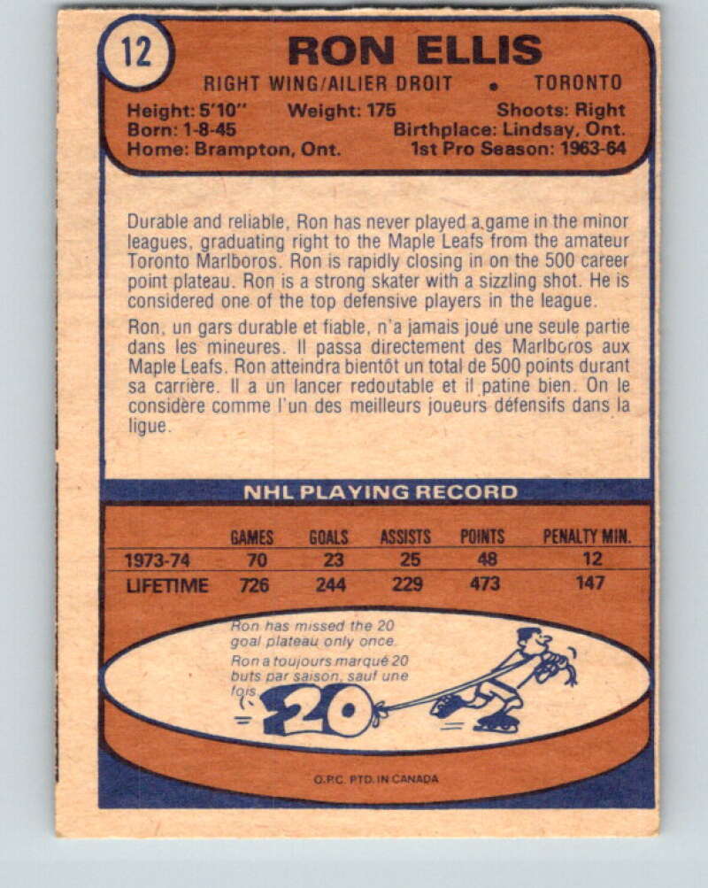 1974-75 O-Pee-Chee #12 Ron Ellis  Toronto Maple Leafs  V4241