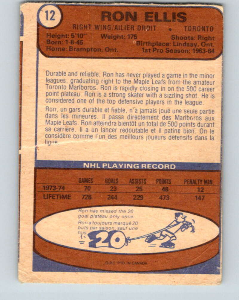1974-75 O-Pee-Chee #12 Ron Ellis  Toronto Maple Leafs  V4242