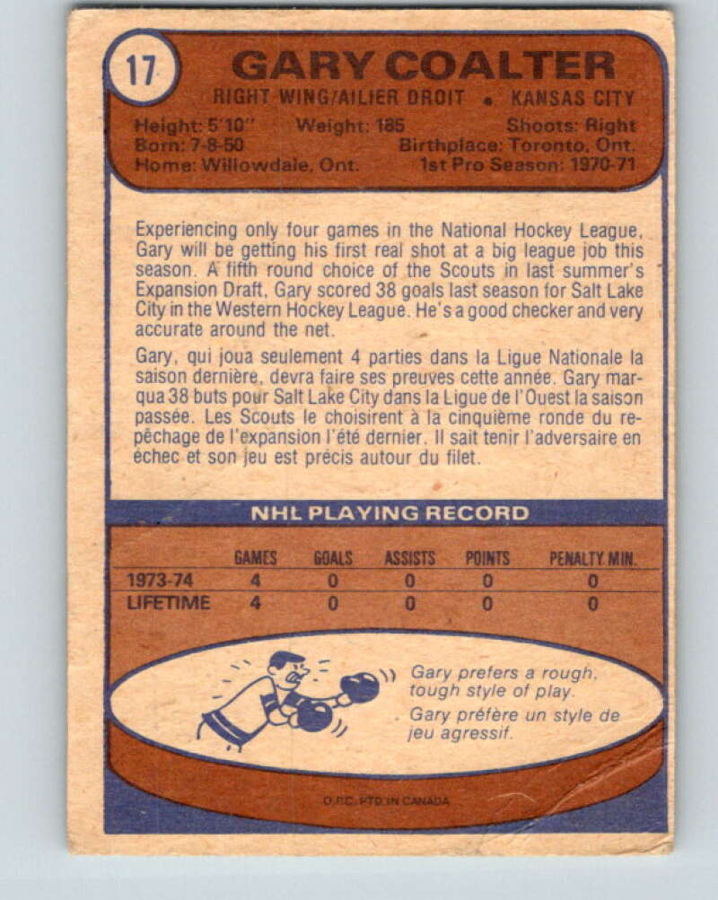 1974-75 O-Pee-Chee #17 Gary Coalter  RC Rookie Kansas City Scouts  V4252