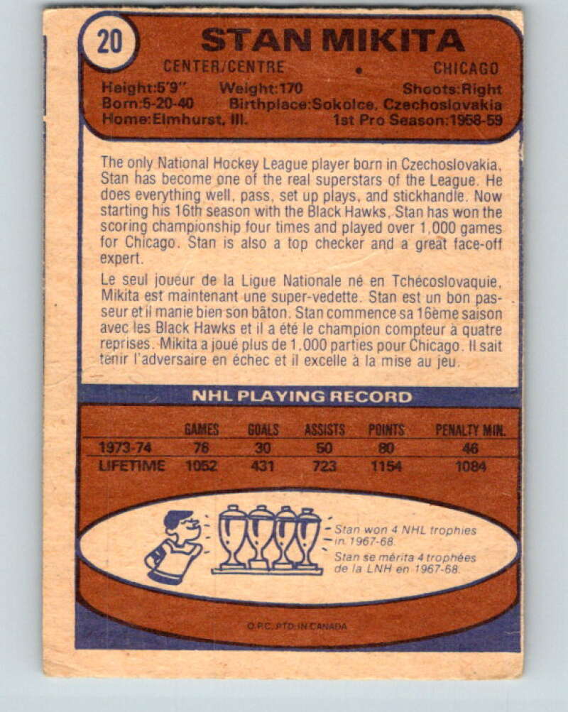 1974-75 O-Pee-Chee #20 Stan Mikita  Chicago Blackhawks  V4261
