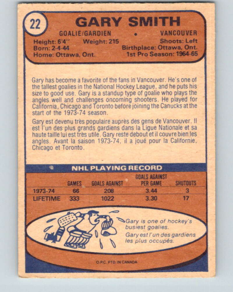 1974-75 O-Pee-Chee #22 Gary Smith  Vancouver Canucks  V4267