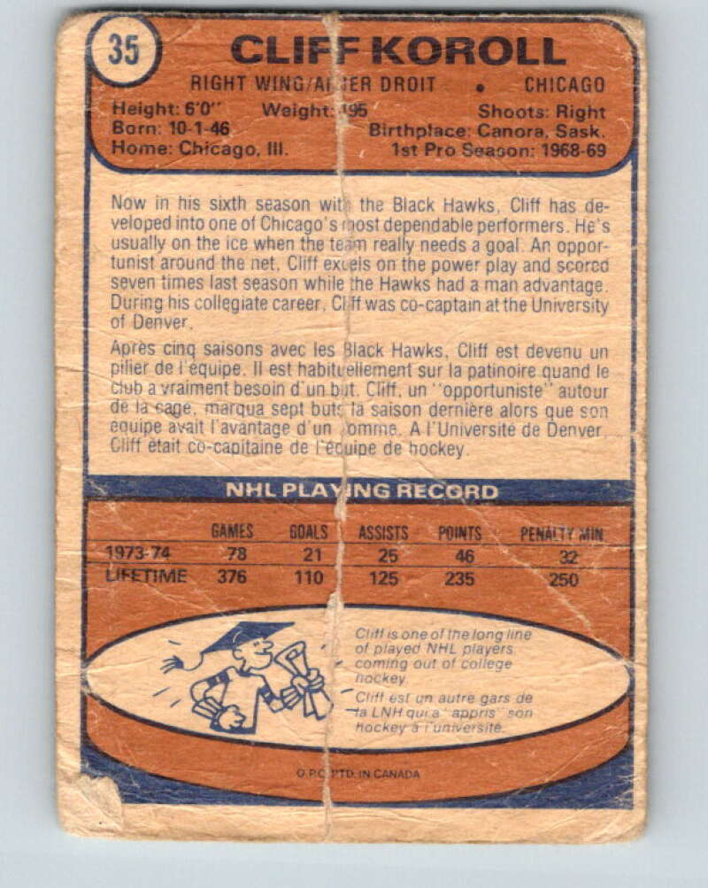 1974-75 O-Pee-Chee #35 Cliff Koroll  Chicago Blackhawks  V4295
